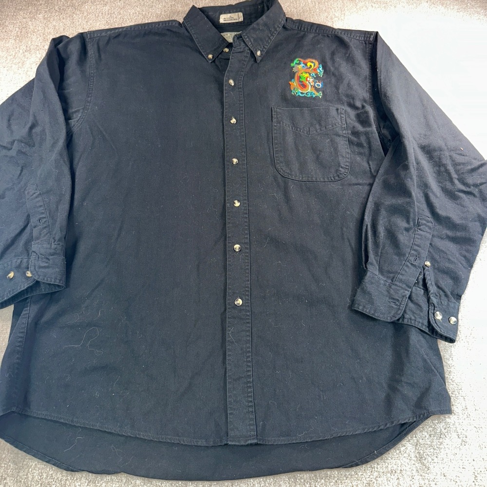 Most Wanted Mens XL Black Cotton Twill Dragon Embroidered Button Down  Long Sl